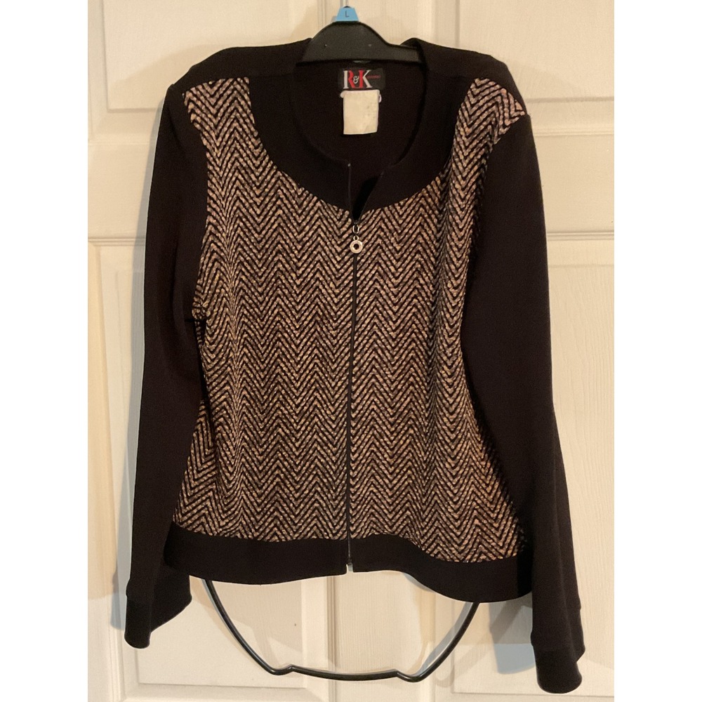 R&K Originals Womens Black Chevron Herringbone Zip Front Jacket Metallic Multi L